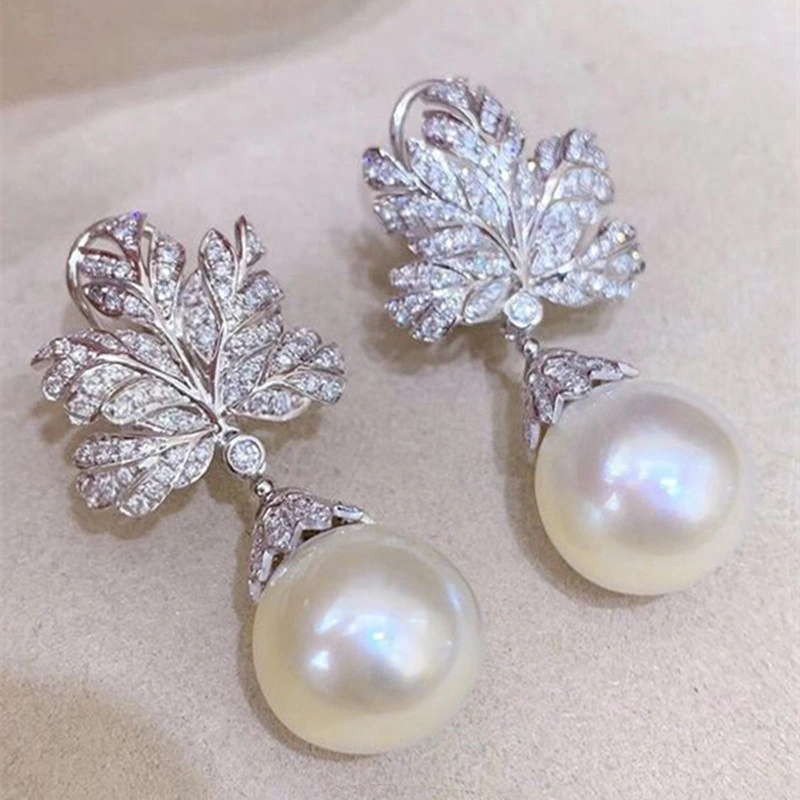 Micro-inlaid shiny high-end leaf earrings for women imitation pearl light luxury design jewelry hot selling