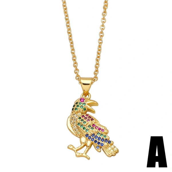 Hot selling micro-inlaid colored zircon animal necklace European and American style niche golden bird pendant nkb301