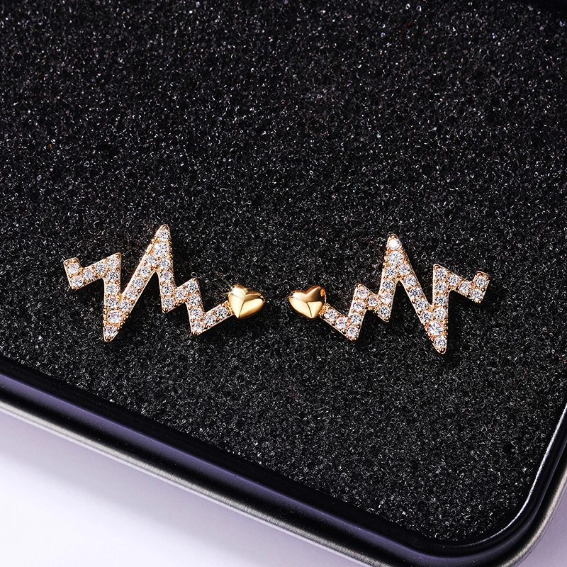 Creative electrocardiogram heartbeat earrings, new style inlaid zircon heartbeat earrings, simple and fashionable zircon lightning earrings