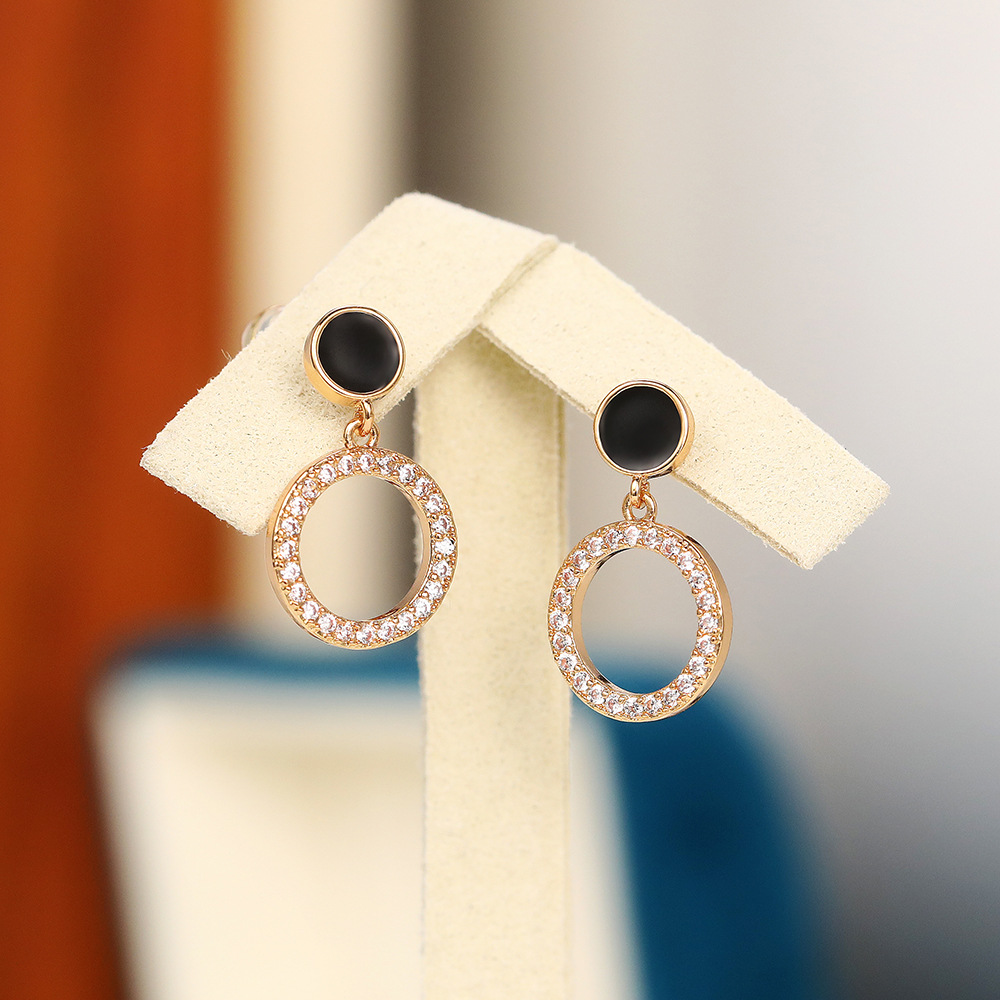 Korean fashion simple earrings black disc geometric hollow circle earrings for women micro-inlaid zircon earrings