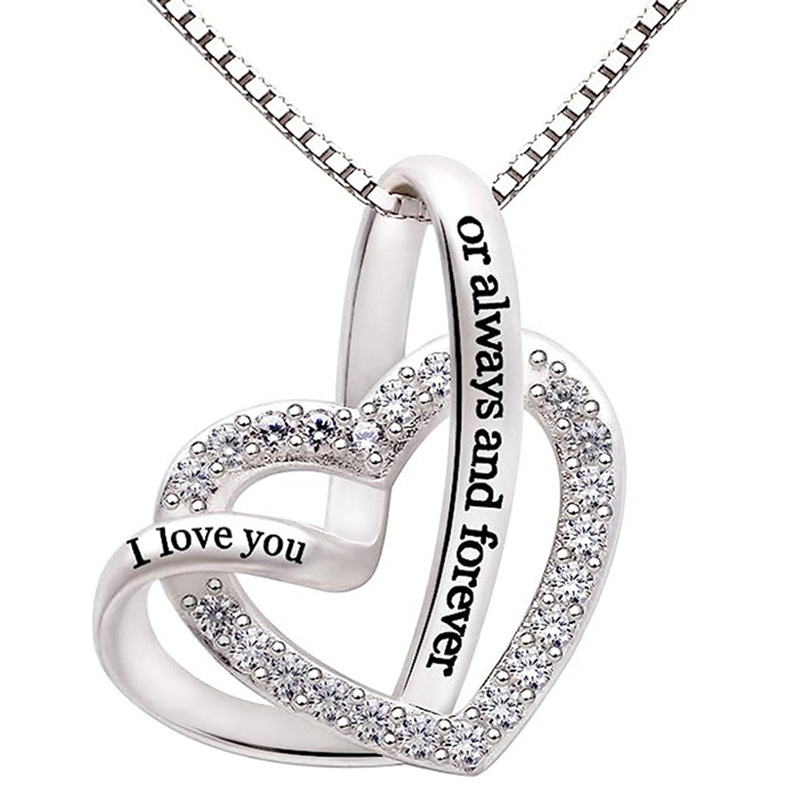  Metal electroplating double heart design necklace with zircon engraving exquisite jewelry elegant temperament hot sale