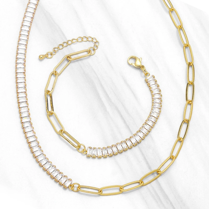 European and American trendy jewelry fashion net red cold style zircon splicing chain necklace bracelet set nkb027