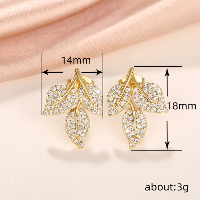  New style of diamond leaf earrings for women, exquisite and small, versatile earrings with floral design and aristocratic style