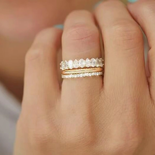 European and American light luxury zircon ring three-piece set wedding banquet dress jewelry fashion geometric design ring