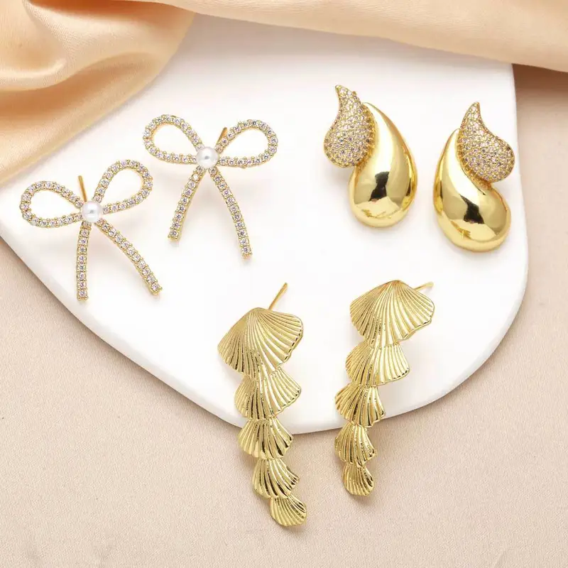 AS jewelry bow drop earrings female copper plated real gold inlaid zircon earrings era341