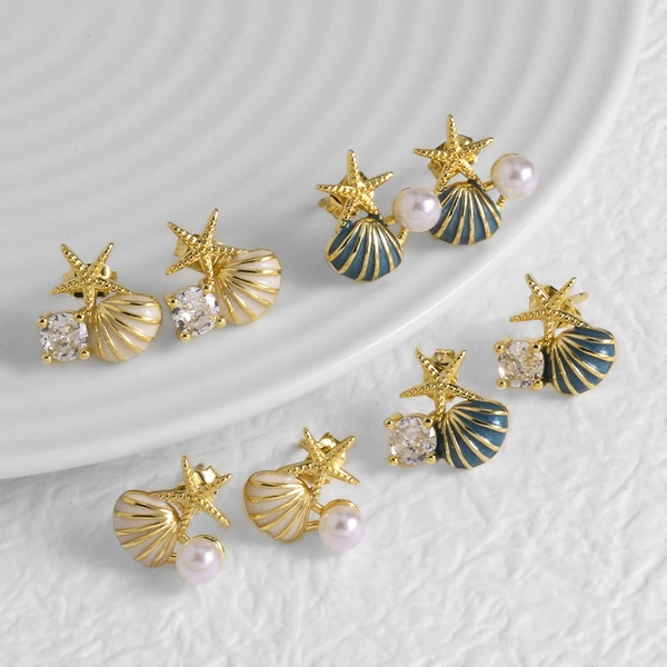 AS jewelry pearl oil drop shell earrings female copper plated real gold starfish earrings erz67