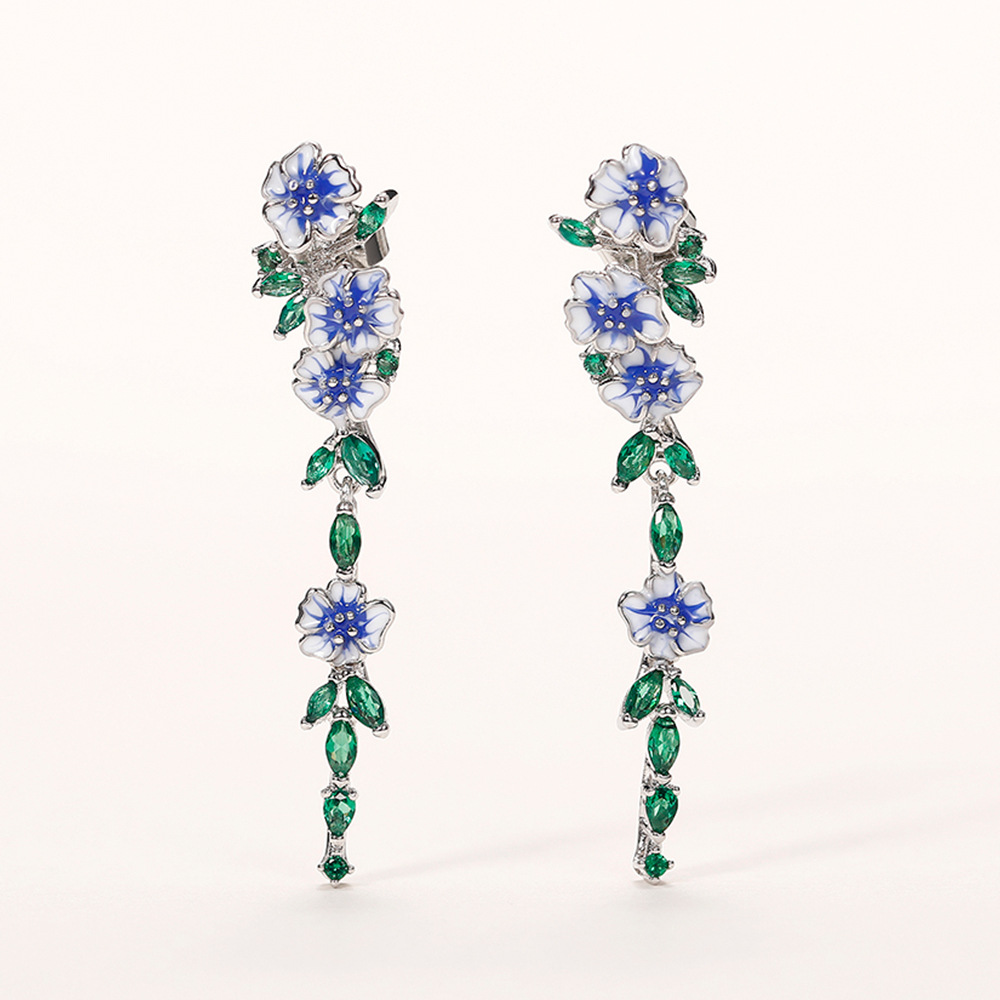 European and American natural long earrings for women, summer oil-drop flower zircon earrings, elegant accessories