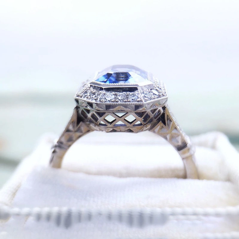 French palace style rich ring long hexagon blue metal temperament style temperament women's ring