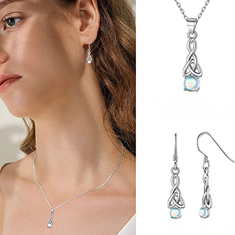 European and American fashion ear hook necklace imitation moonstone set earring necklace triangle twisted earring pendant