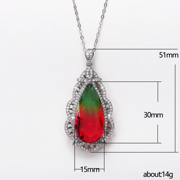 Exclusively for fashion accessories women's large teardrop colored gemstone pendant copper plated white gold super flash zircon necklace