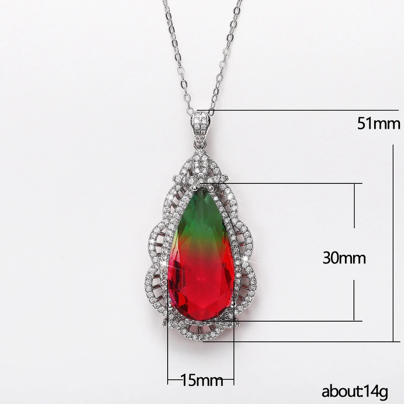 Exclusively for fashion accessories women's large teardrop colored gemstone pendant copper plated white gold super flash zircon necklace