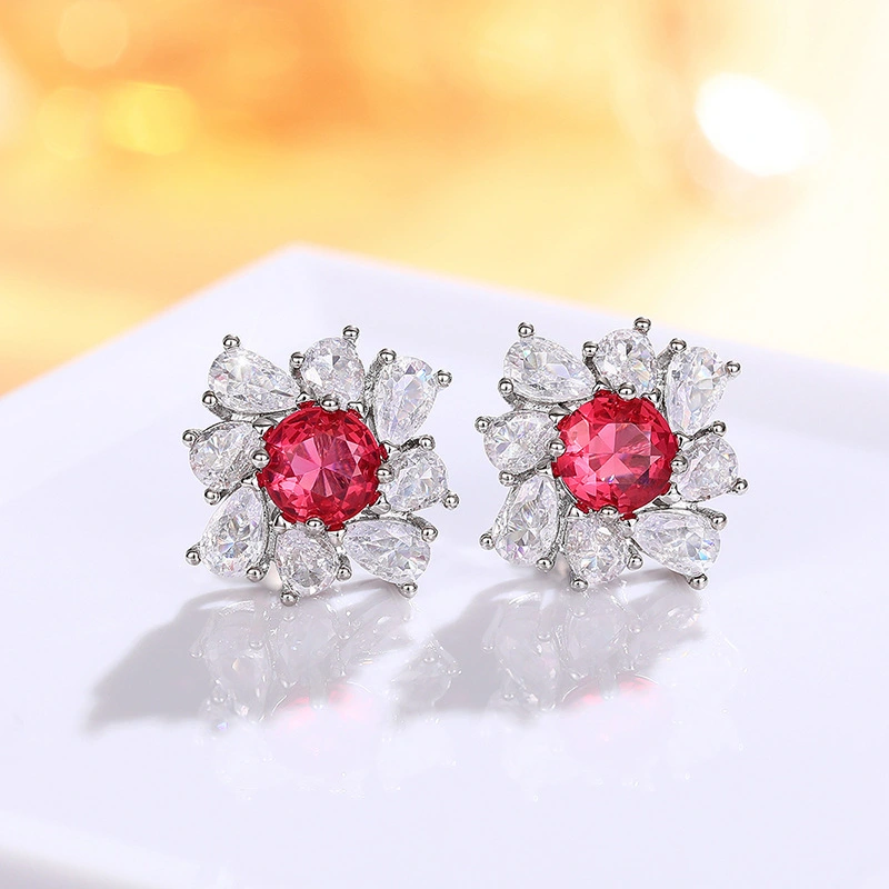  High-end luxury earrings imitation pigeon blood red diamonds surrounded by pear-shaped teardrop earrings flower earrings for women