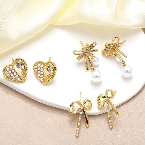 AS jewelry European and American pearl love earrings female gold-plated zircon bow earrings earrings ers90