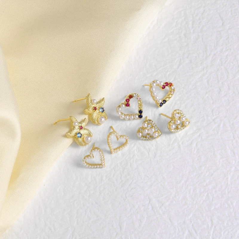 AS jewelry new pearl starfish love earrings copper plated 18k gold micro inlaid zircon earrings earrings ery63