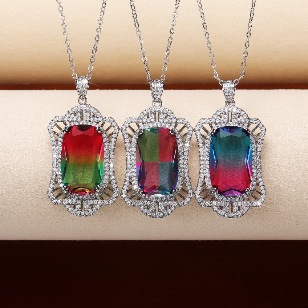 Luxury colored tourmaline pendant hollow palace style gradient color zircon necklace Mother's Day gift