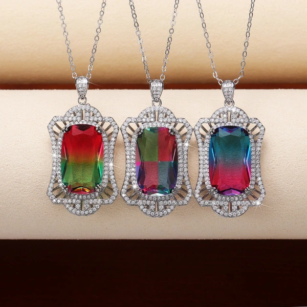 Luxury colored tourmaline pendant hollow palace style gradient color zircon necklace Mother's Day gift