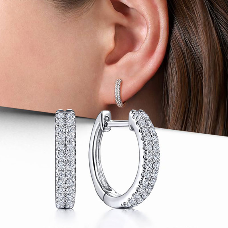 French European and American HOOP double-row diamond earrings copper inlaid zircon earrings round face slimming earrings wholesale