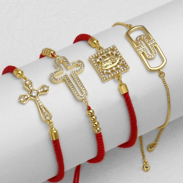 AS jewelry new red rope bracelet inlaid zircon cross Our Lady copper plated real gold hand jewelry bracelet brj49