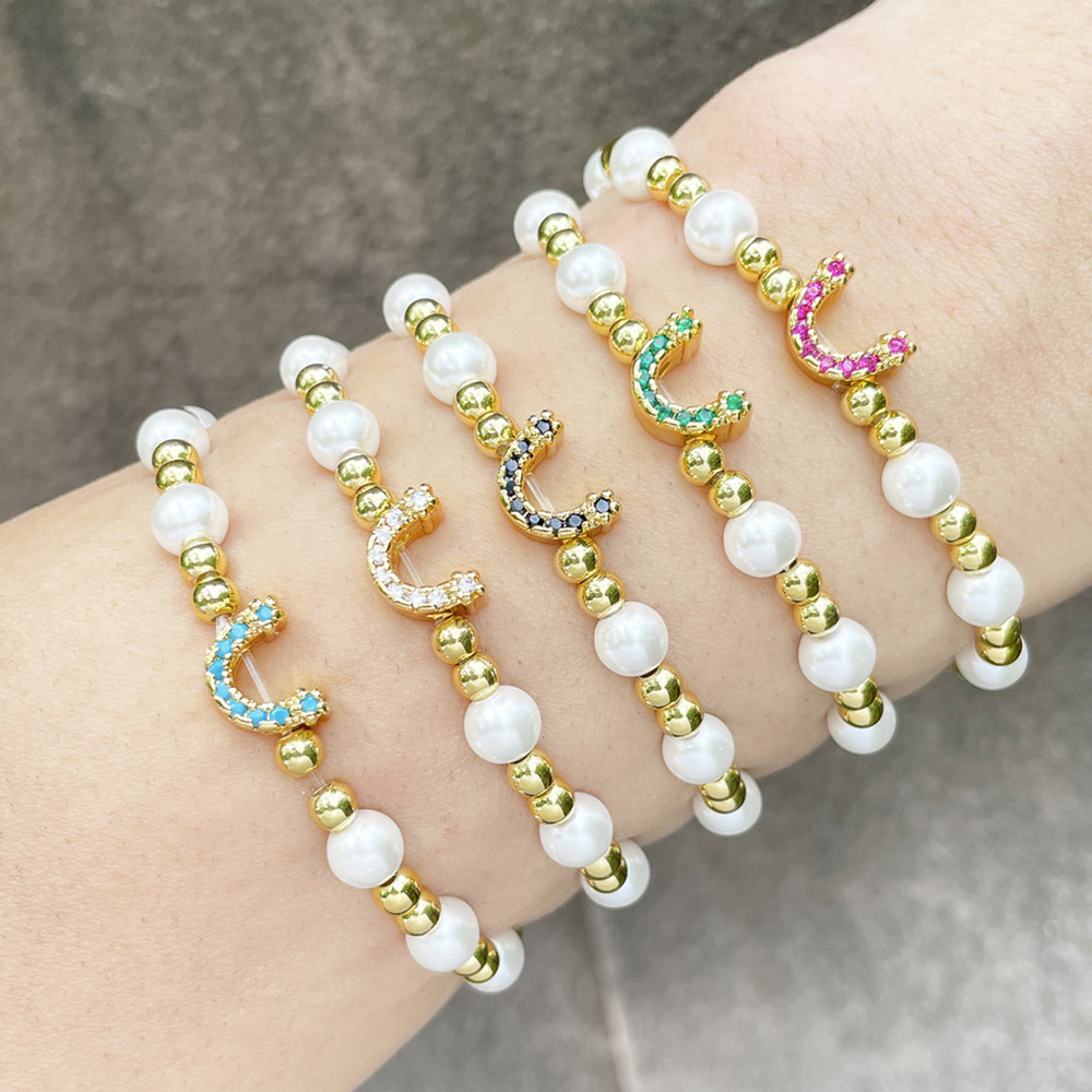 Clearance European and American geometric U-shaped bracelet women's simple beaded gold round pearl elastic bracelet brh52