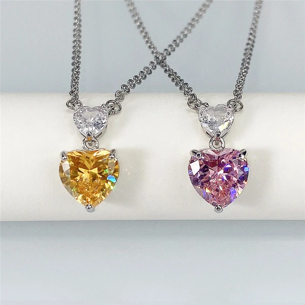 Korean style double heart pink diamond women's necklace cute peach heart zircon small pendant colored gem love pendant