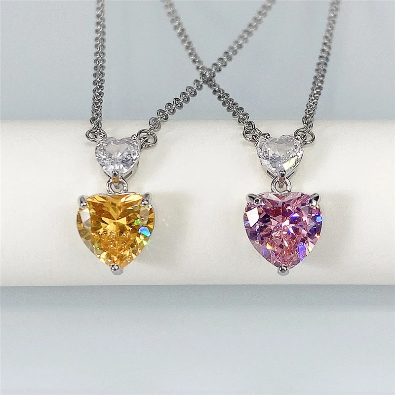 Korean style double heart pink diamond women's necklace cute peach heart zircon small pendant colored gem love pendant