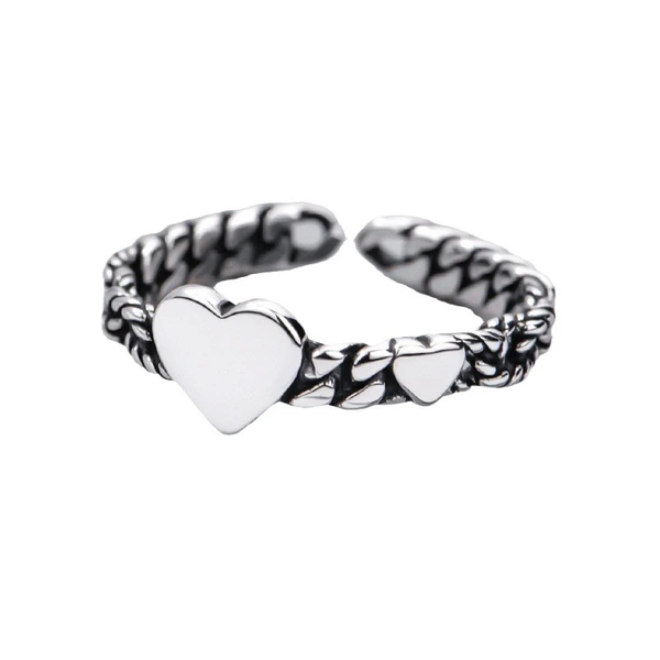  Opening adjustable fashion personality ring size love double peach heart ring heart-shaped ancient silver single ring