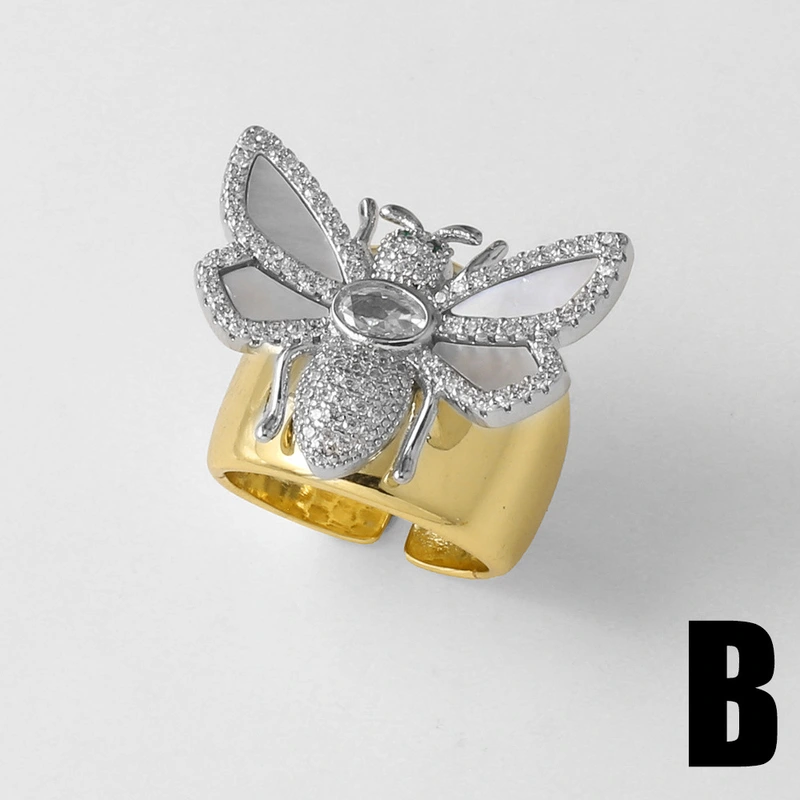 AS jewelry hot-selling two-color full zircon bee gold-plated open ring ring riq78 ring