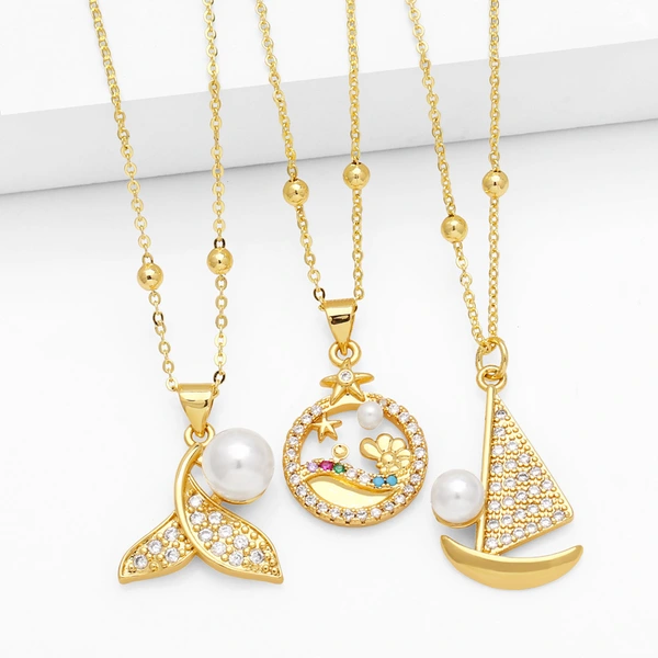 European and American personality sailboat necklace niche high-end pearl star beach clavicle chain pendant nkq32