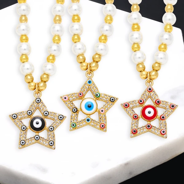 Clearance five-pointed star eye pendant temperament pearl necklace high-end devil eye necklace female nkb687