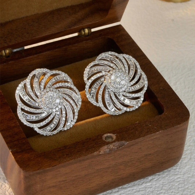 European and American inlaid zircon earrings for women, geometric lines and floral design earrings, fashionable and elegant earrings