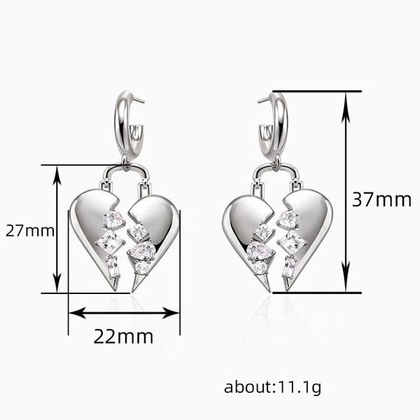  Broken zircon heart earrings cool style fashion light luxury design earrings personality temperament heart-shaped earrings