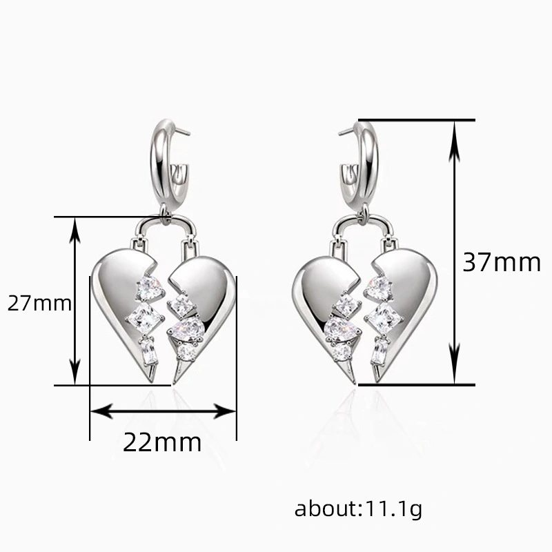  Broken zircon heart earrings cool style fashion light luxury design earrings personality temperament heart-shaped earrings