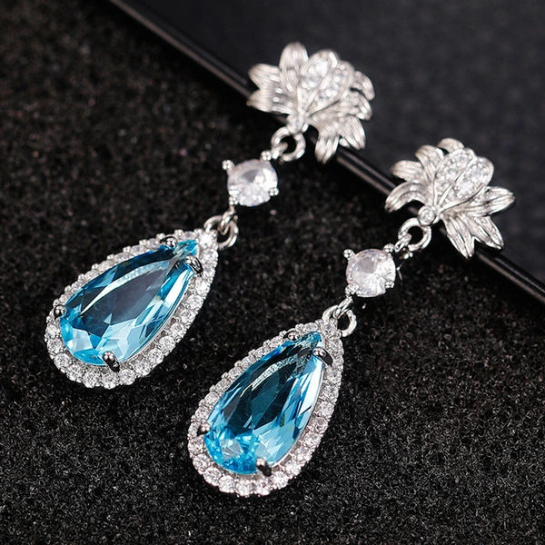 Internet celebrity live broadcast new long water drop pear-shaped flower earrings simulated yellow diamond topaz pink diamond earrings