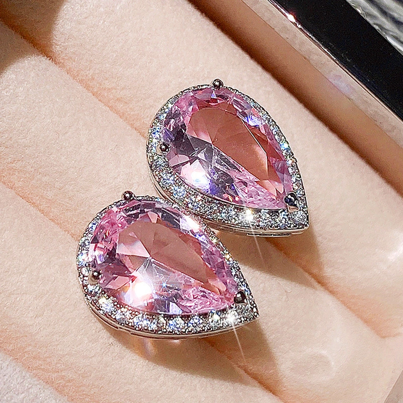 European and American new style earrings sweet pear-shaped water drop pink diamond zircon earrings for women Valentine's Day gift for girlfriend