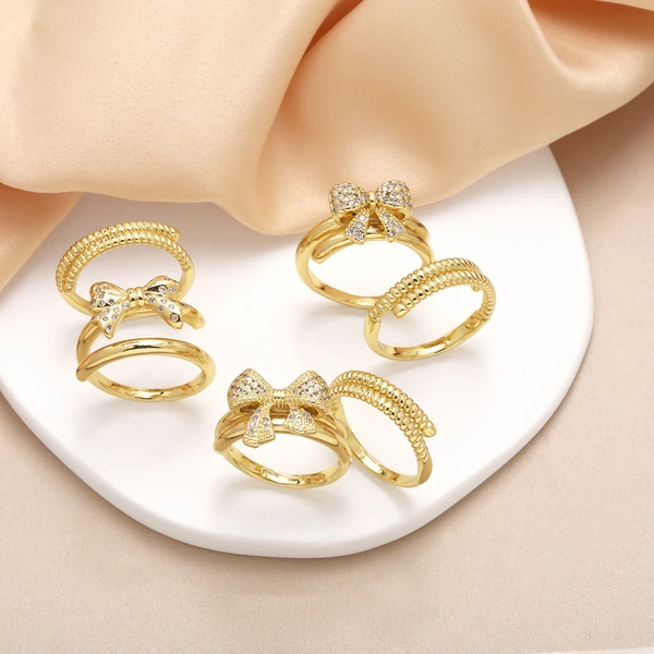 Clearance AS jewelry European and American bow ring female copper plated real gold inlaid zircon double layer ring rik31