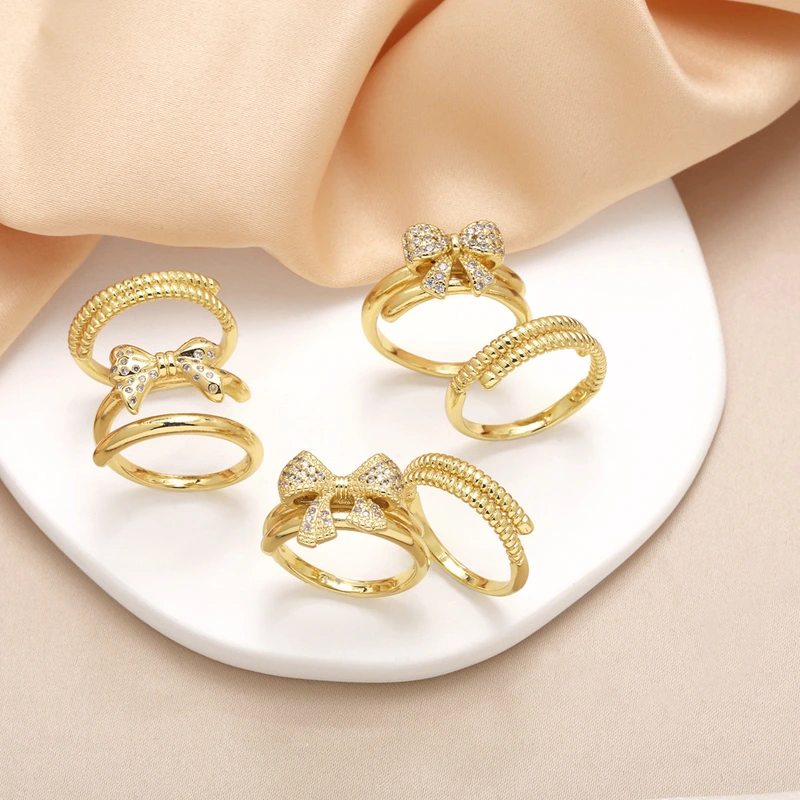 Clearance AS jewelry European and American bow ring female copper plated real gold inlaid zircon double layer ring rik31