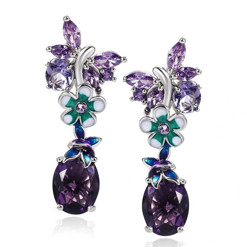 New oval purple zircon flower earrings for women European and American popular butterfly earrings for women