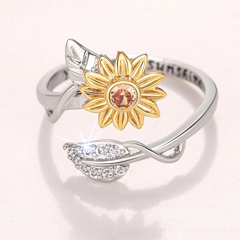  Sunflower Flower Adjustable Ring Women's Realistic Engraving Fashion Ring Popular Flower Leaf Jewelry