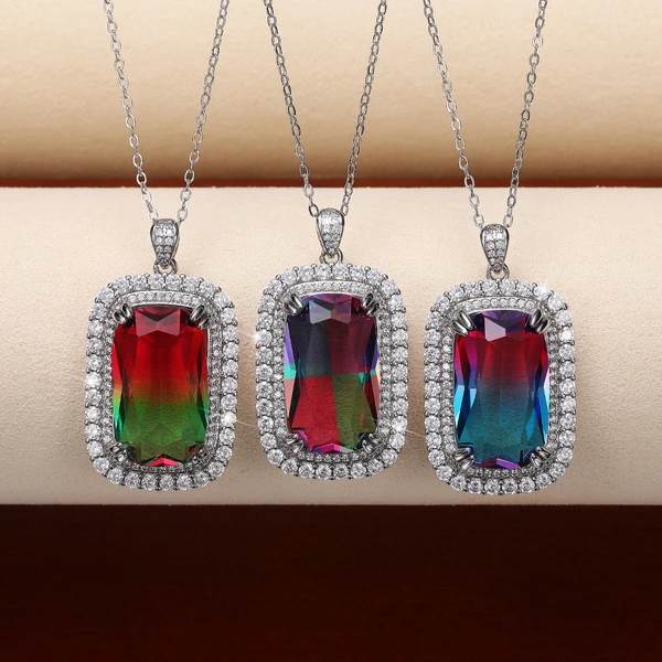European and American light luxury necklace 15*25mm super large colored zircon necklace luxury two-color gemstone pendant