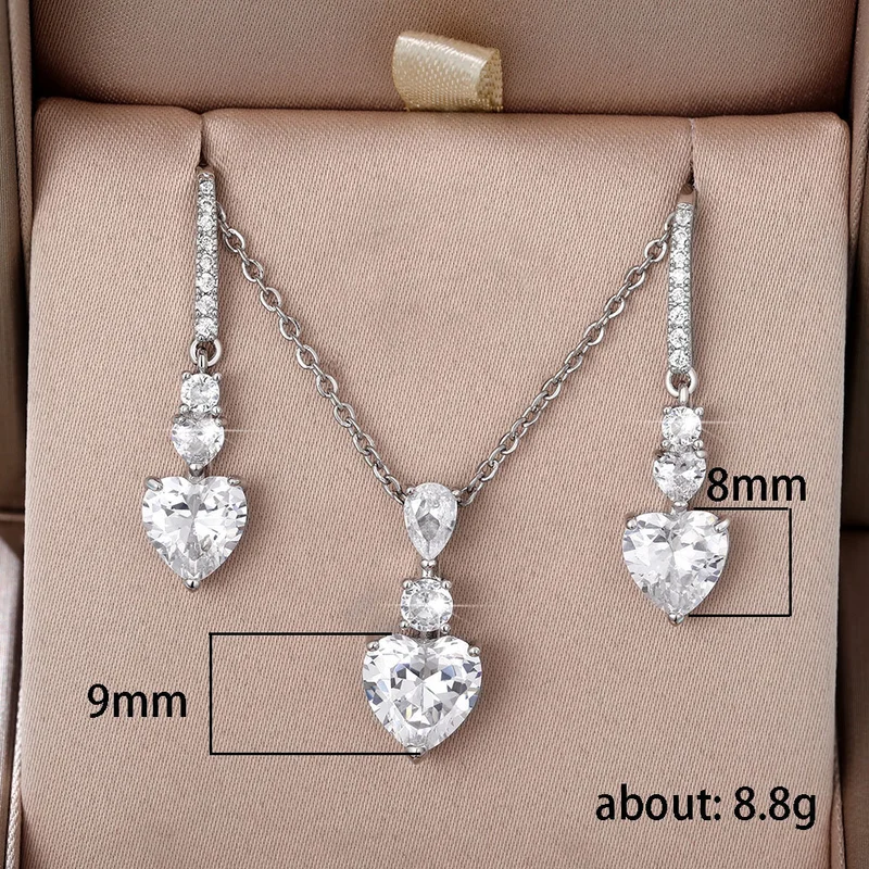 Hot selling heart-shaped jewelry set copper plated white gold zircon heart earrings exquisite love pendant for women
