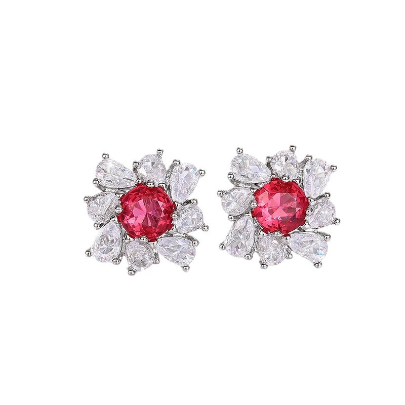  High-end luxury earrings imitation pigeon blood red diamonds surrounded by pear-shaped teardrop earrings flower earrings for women