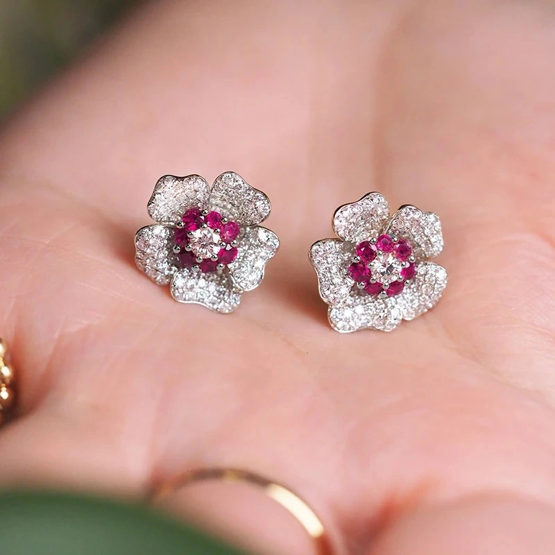 Niche high-end earrings unique French flower diamond-studded temperament trendy earrings popular earrings