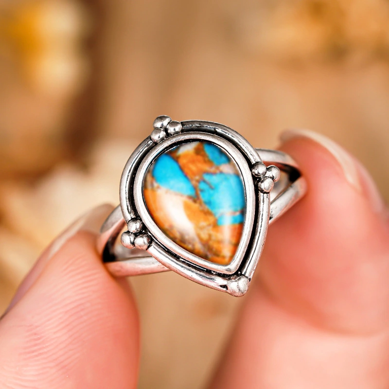  Vintage medieval style ancient silver ring water drop niche design sticker jewelry Caixia style ring