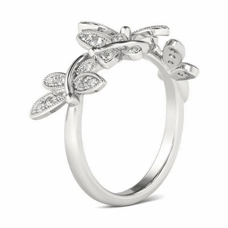  New European and American micro-inlaid light luxury ring bright luminous dragonfly butterfly index finger ring high-end floral ring