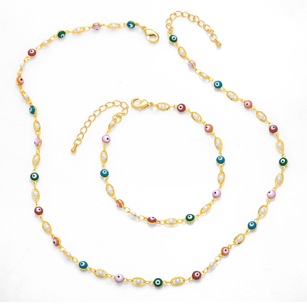 New Bohemian ethnic style colorful oil drop eye pearl necklace bracelet jewelry set nkb534