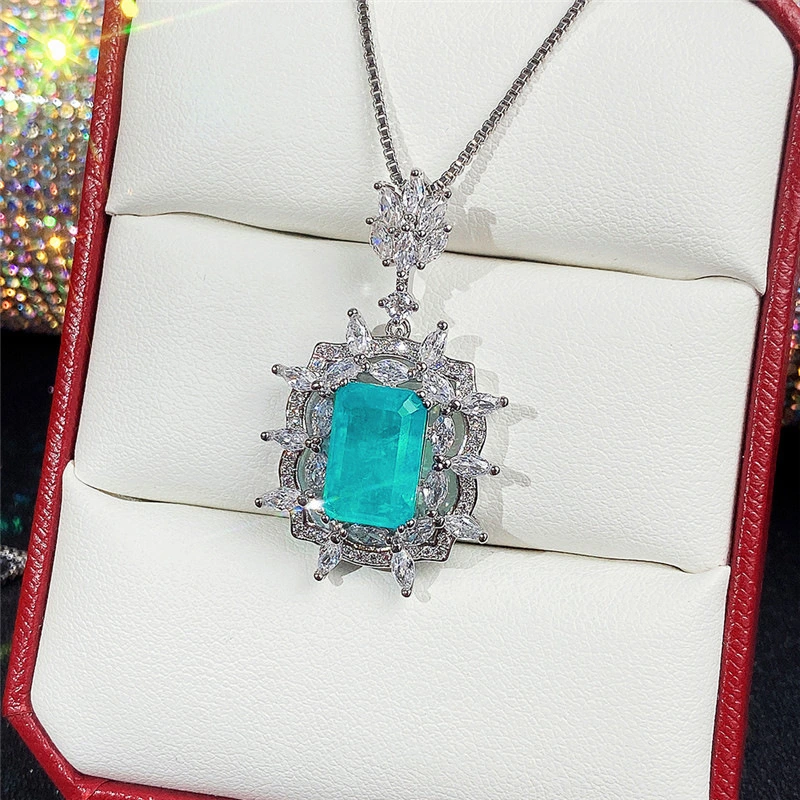 European and American popular imitation jewelry luxury retro shining colored gem pendant blue green necklace earring set