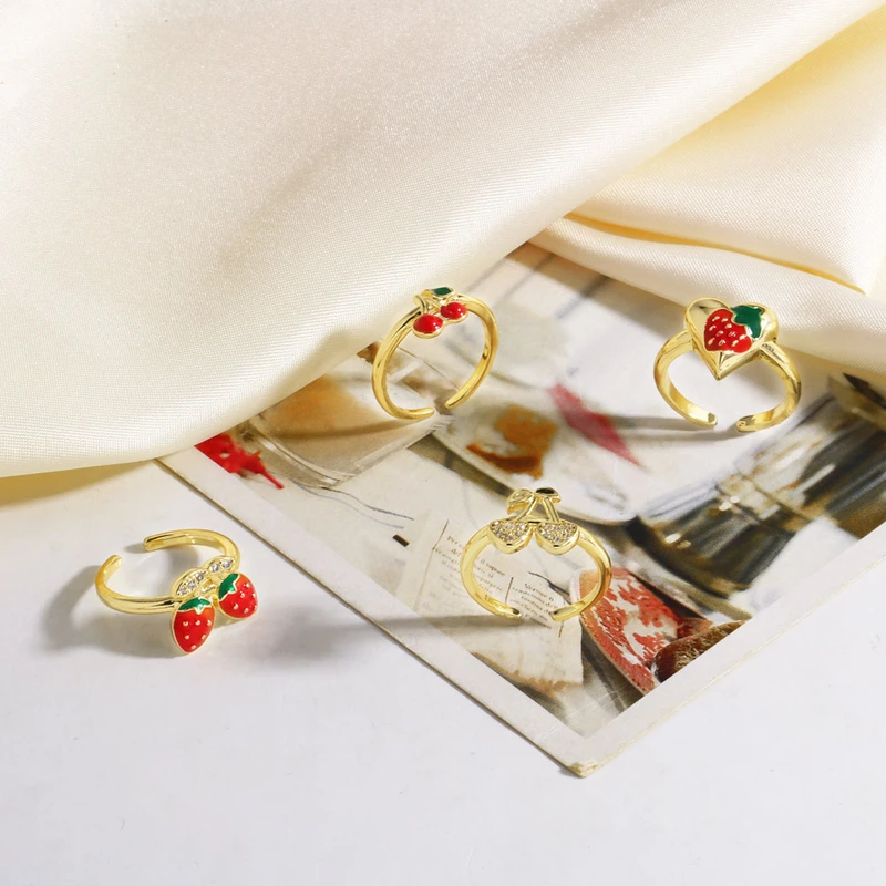 AS jewelry new hot selling copper plated 18k gold dripping oil fruit strawberry cherry ring ring rip36ring