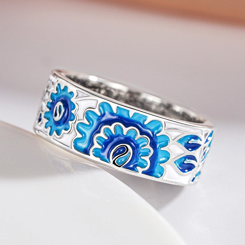 Metal painting oil ancient style earrings for women small fresh gradient flower ring blue and white porcelain elegant exquisite earrings