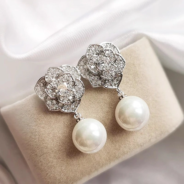 Factory wholesale rose imitation pearl earrings for women camellia ladies princess jewelry fashionable and elegant style
