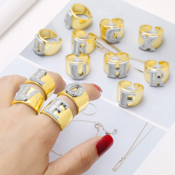 AS jewelry European and American hot-selling gold-plated glossy white K26 English letter ring ring rir75 ring